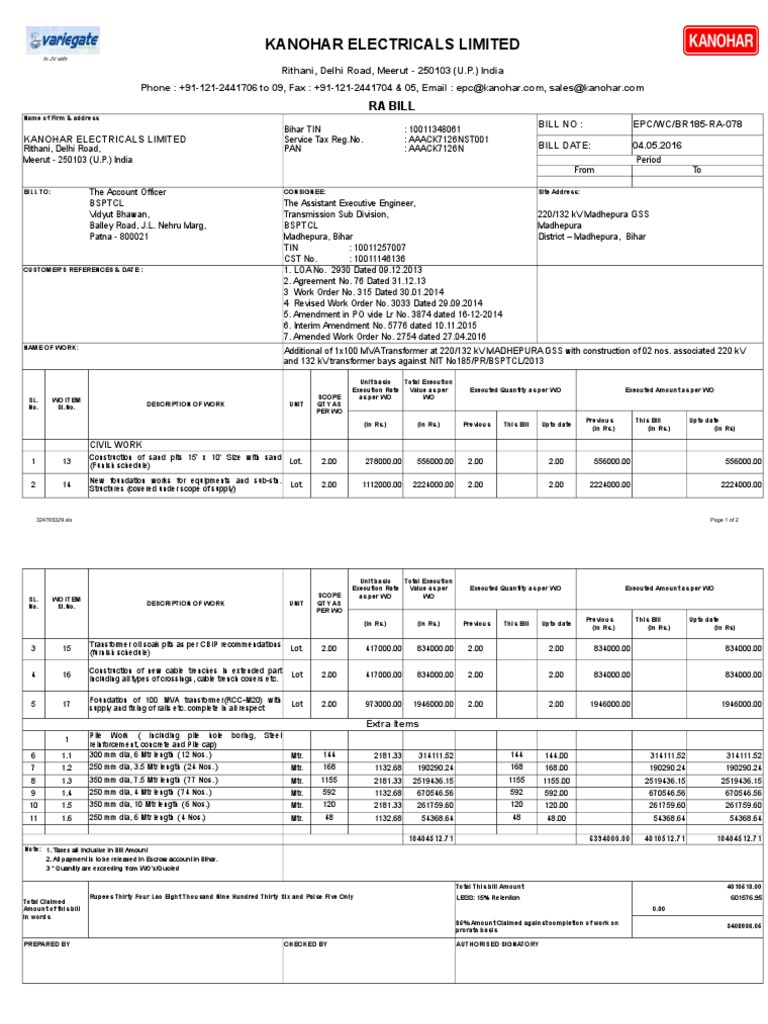 Kanohar Electricals Limited: Ra Bill | PDF | Business