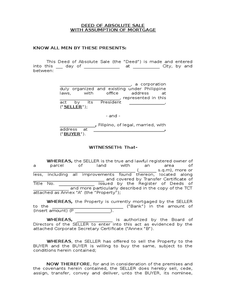 Deed of Absolute Sale With Assumption of Mortgage Deed Mortgage Loan