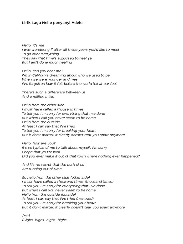 Lirik Lagu Hello Penyanyi Adele