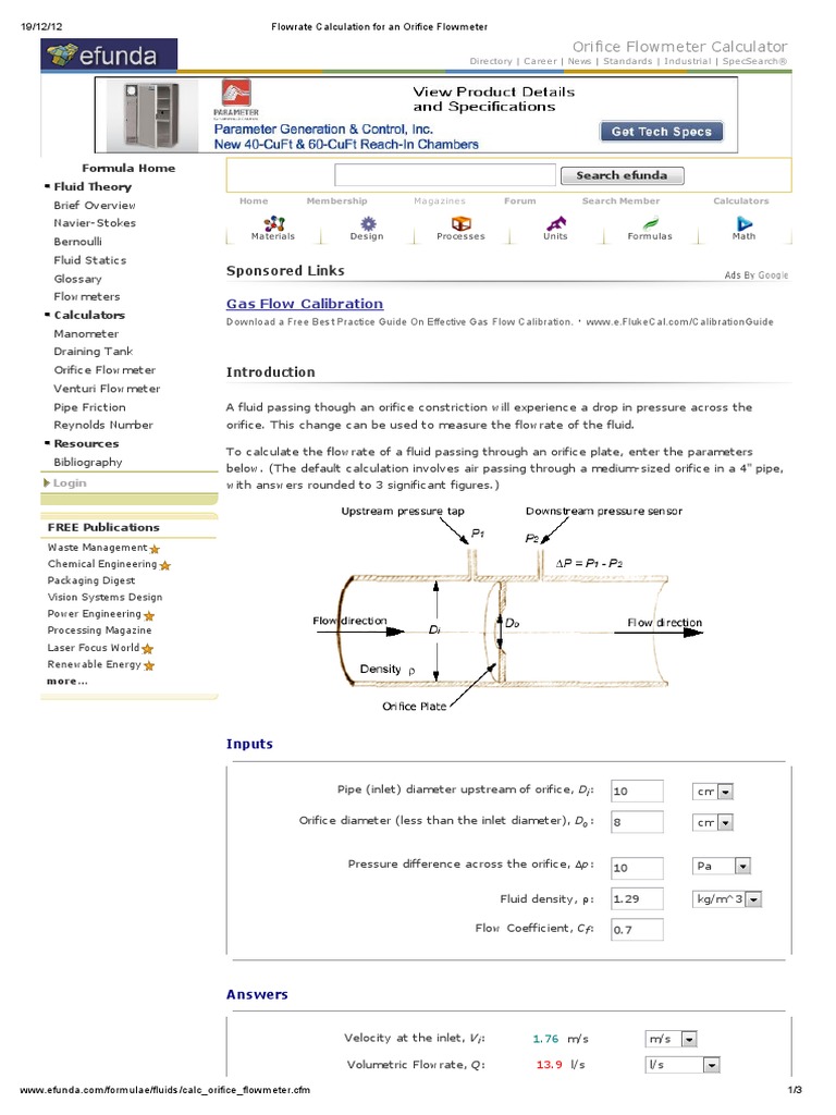 Flowrate Calculation For An Orifice Flowmeter PDF Flow Measurement Fluid Dynamics