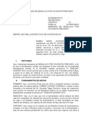 Modelo de Demanda de Desalojo Por Ocupante Precario | PDF | Demanda  judicial | Posesión (Ley)