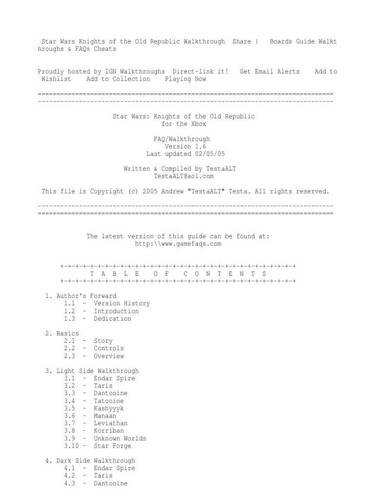 Kotor Wakthrough | PDF | Strategy Guide | Jedi
