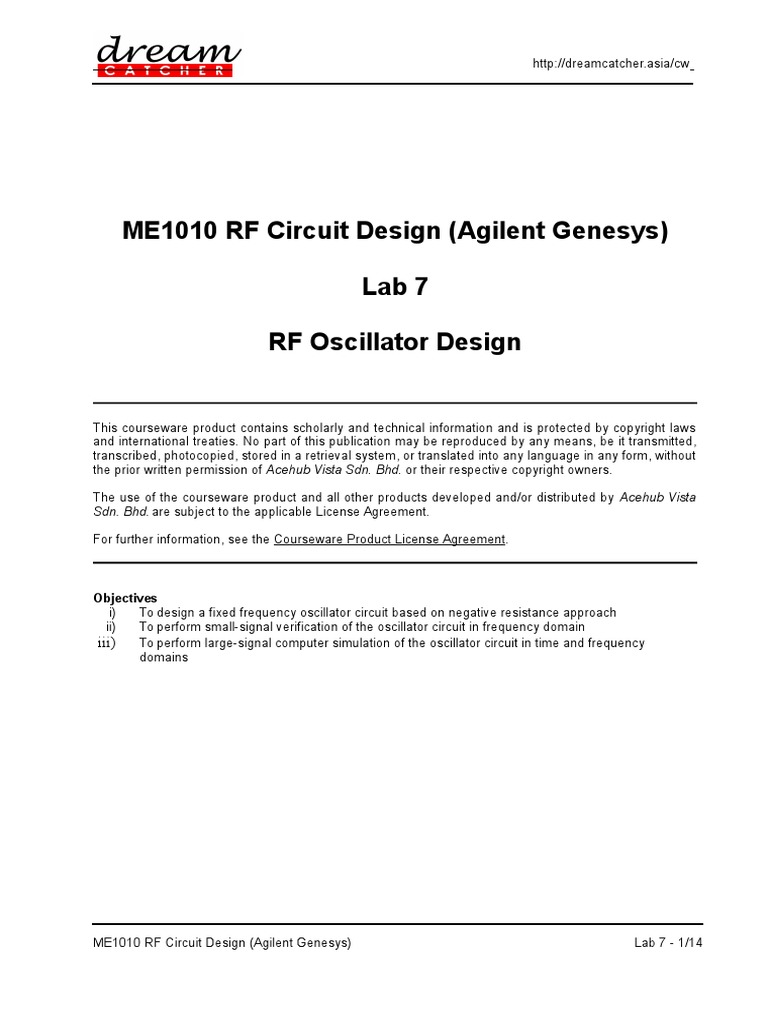 ME1010 RF Circuit Design (Agilent Genesys) Lab 7 RF Oscillator Design