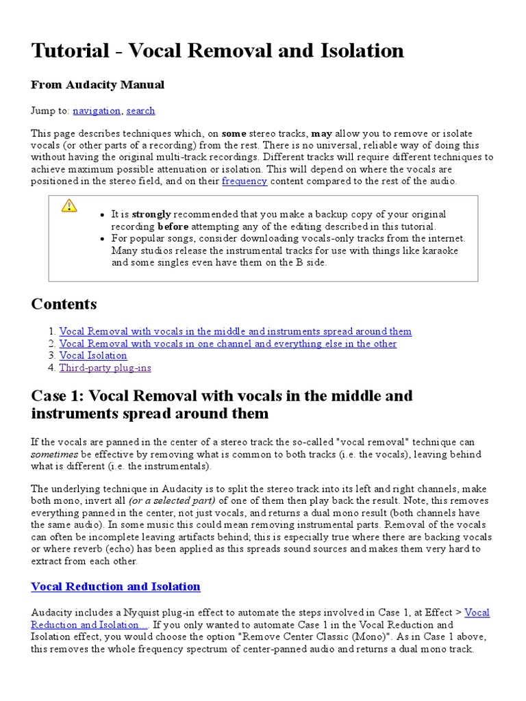 Tutorial - Vocal Removal and Isolation - Audacity Manual | PDF ...