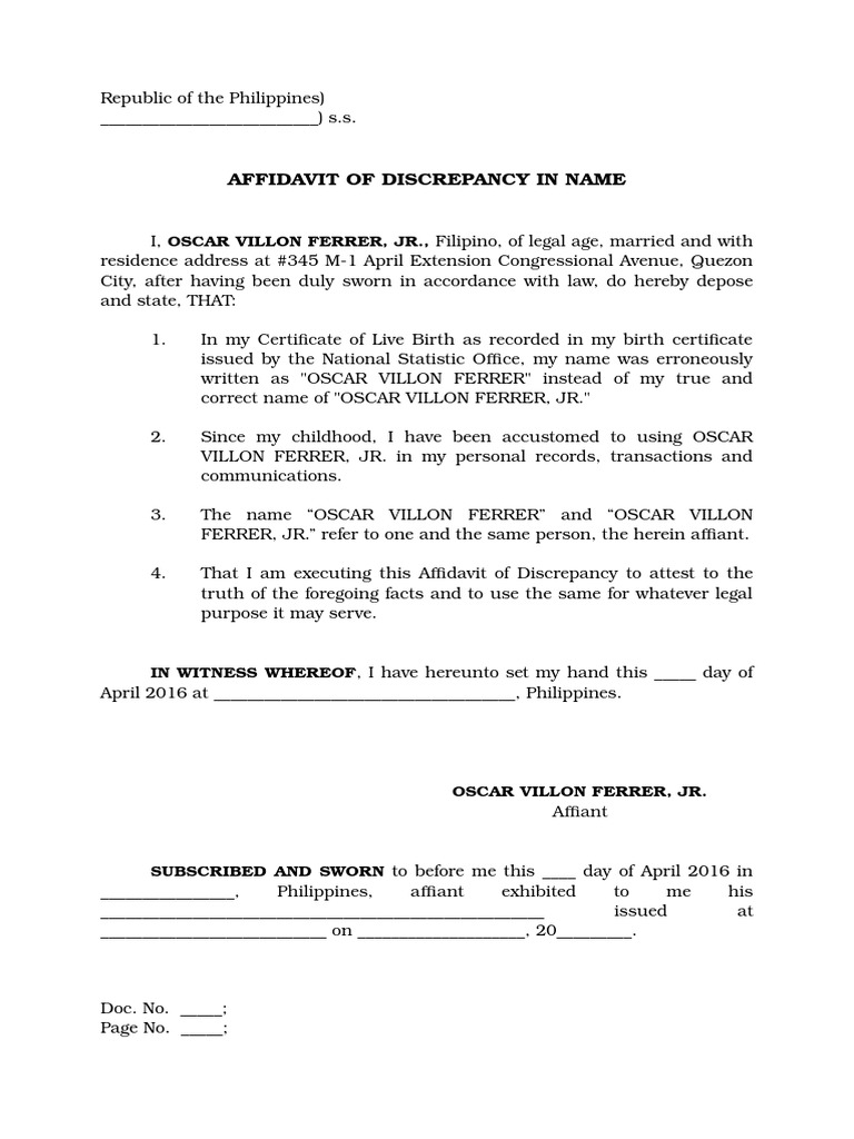 Affidavit of Name Discrepancy | PDF | Affidavit | Civil Law (Common Law)