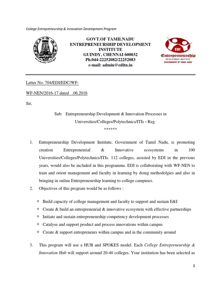 EDC hub letter and college.pdf Business Incubator Entrepreneurship