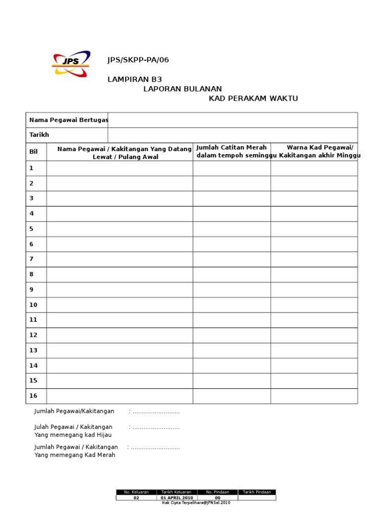 Laporan Bulanan Kad Perakam Waktu Pdf