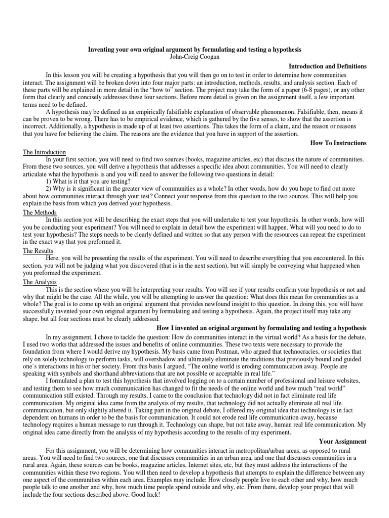 Inventing Your Own Original Argument by Formulating and Testing A ...