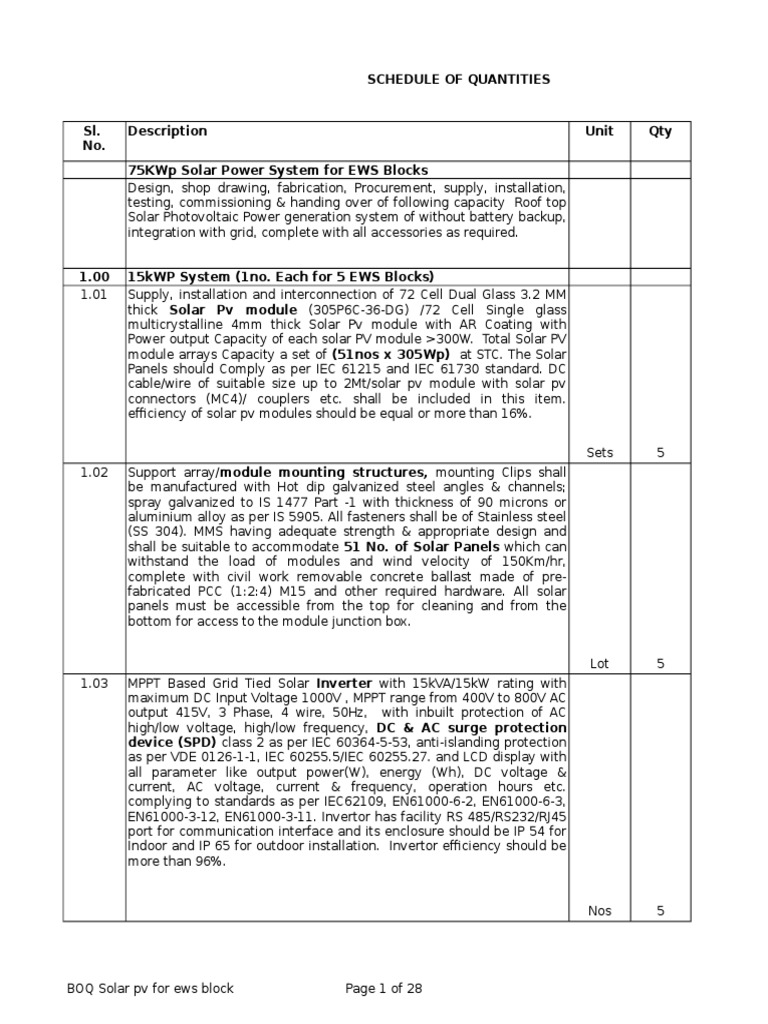 BOQ for 75KW Solar PV System | PDF