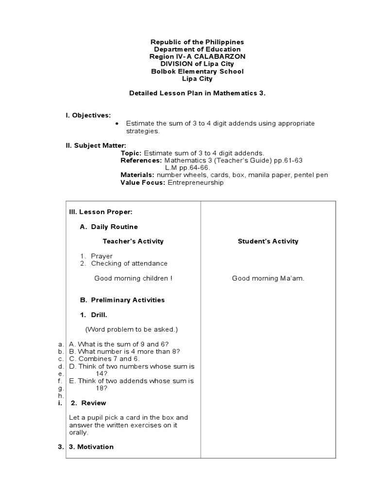 Math 3 | Lesson Plan | Teaching