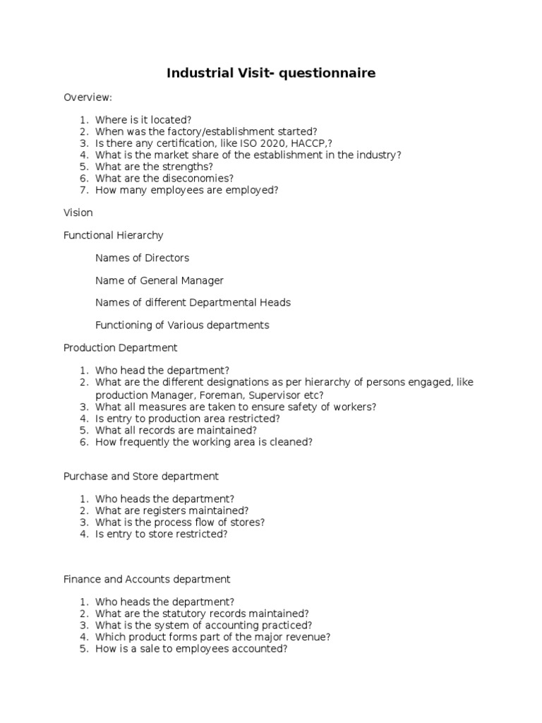 Industrial Visit Questionnaire Template | PDF | Business | Finance ...