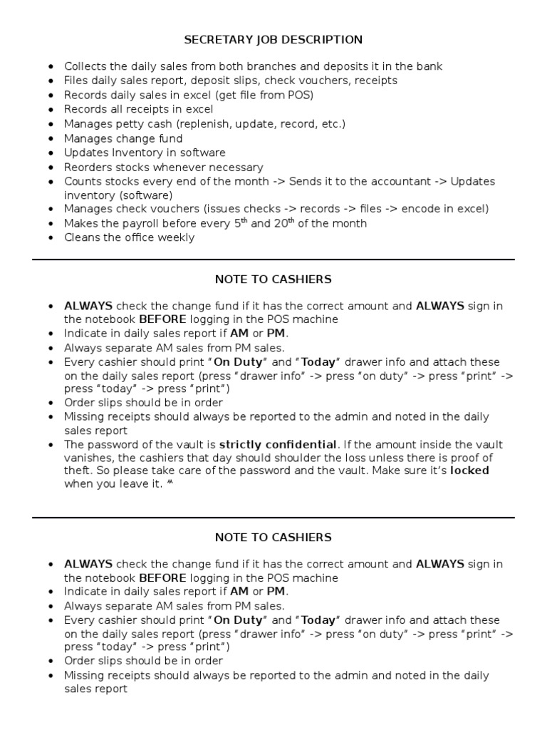 Secretary Job Duties and Cashier Guidelines | PDF