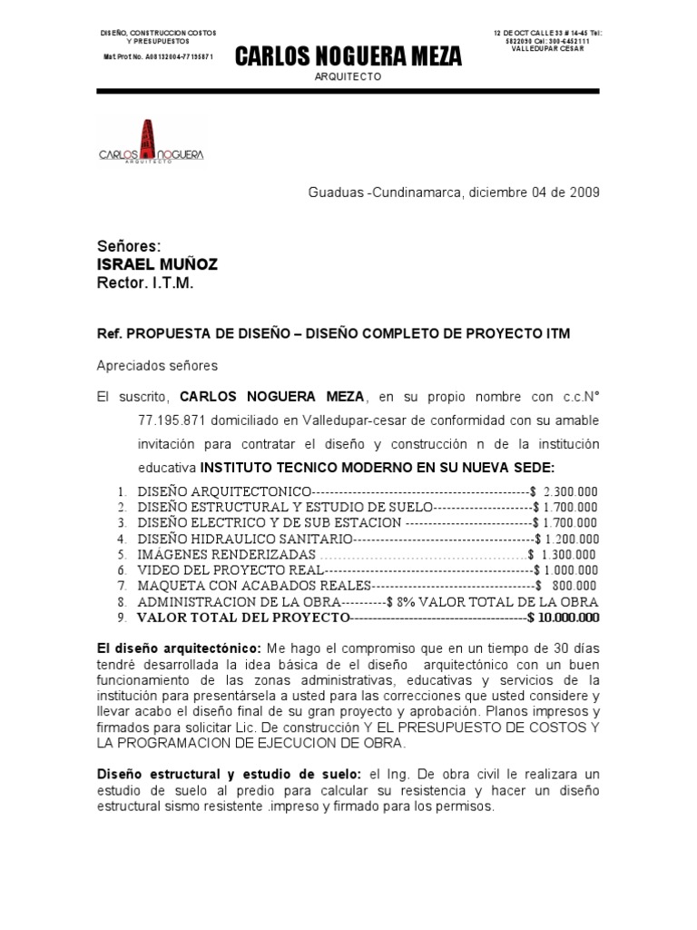 Carta de Presentacion Propuesta Itm | Hogares y jardines