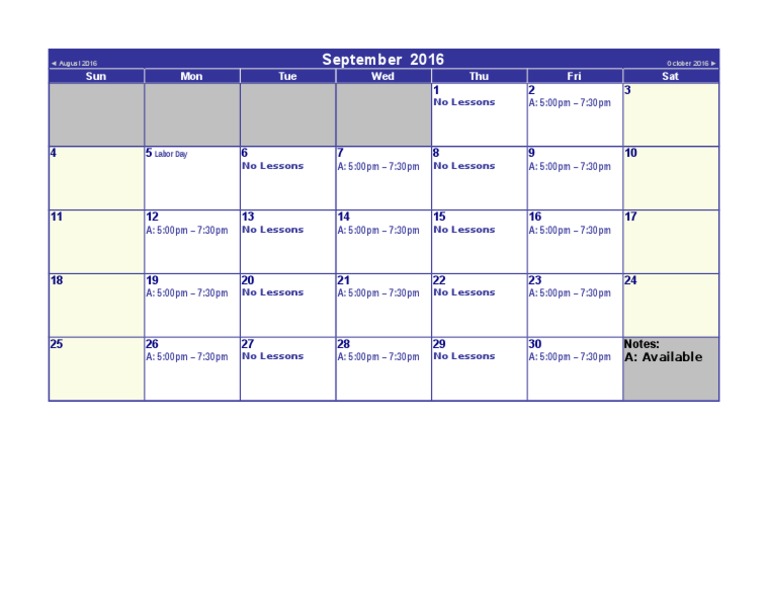 September 2016 Calendar Overview | PDF