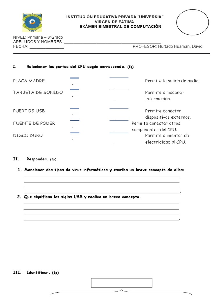 Examen de Computación 6° Grado PDF | PDF | Hardware de la computadora ...