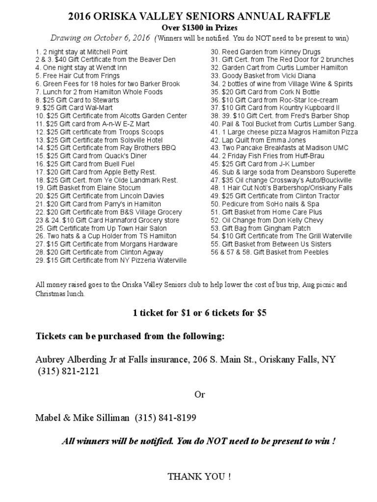 Oriska Valley Seniors Raffle 2016 | PDF