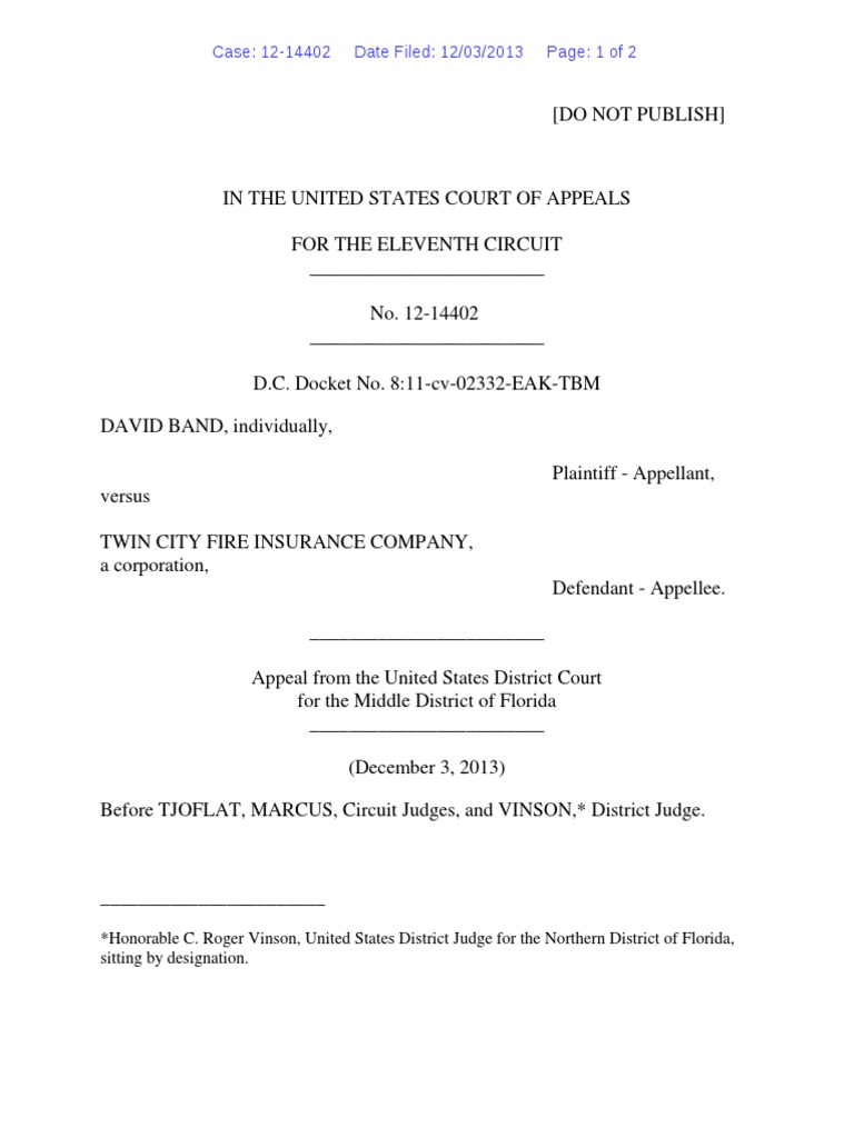 David Band v. Twin City Fire Insurance Company, 11th Cir. (2013) | PDF ...