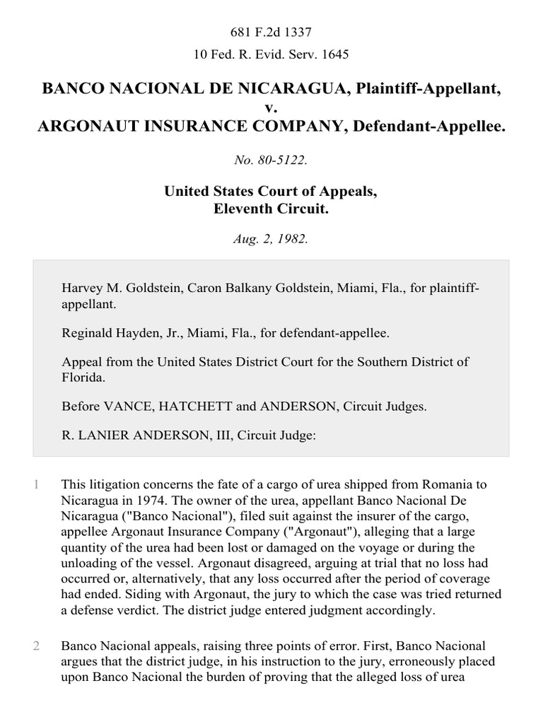 Banco Nacional de Nicaragua v. Argonaut Insurance Company, 681 F.2d