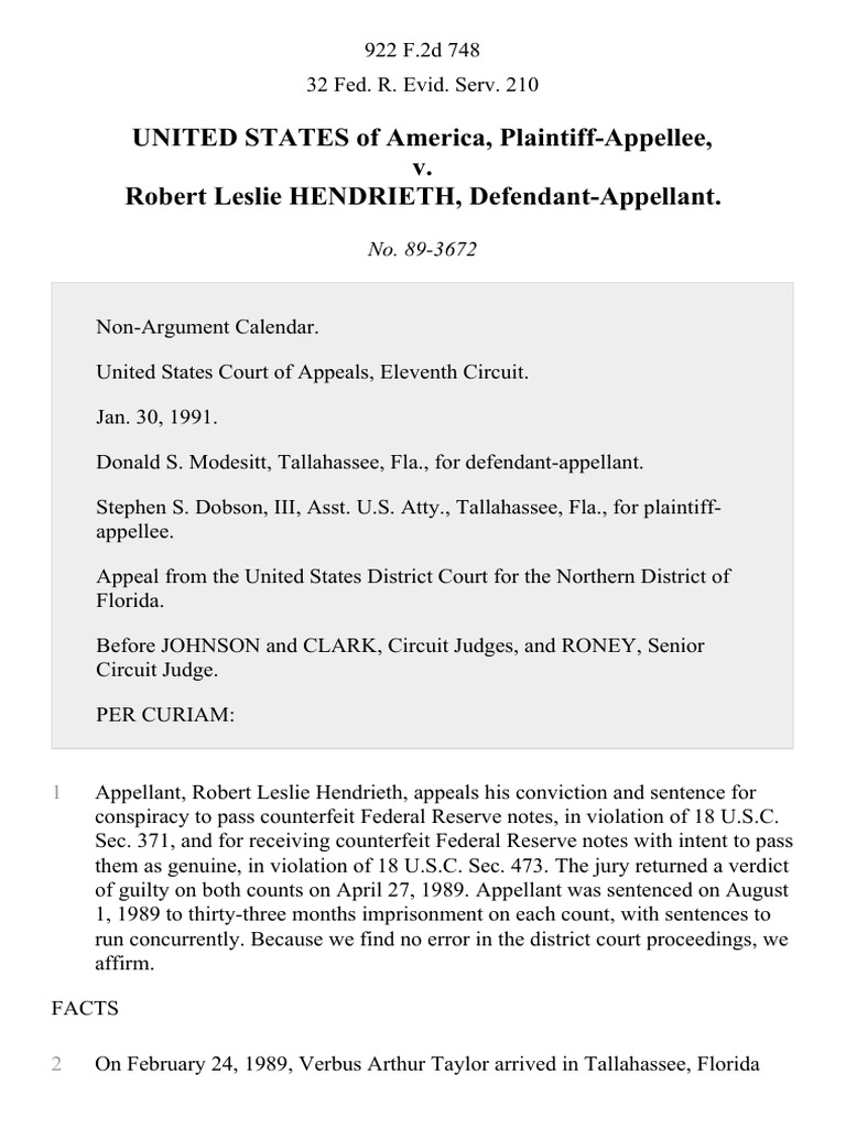 United States v. Robert Leslie Hendrieth, 922 F.2d 748, 11th Cir. (1991