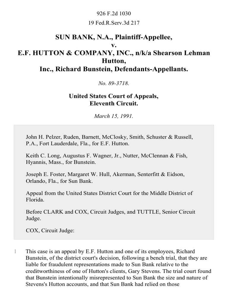 Sun Bank, N.A. v. E.F. Hutton & Company, Inc., N/k/a Shearson Lehman