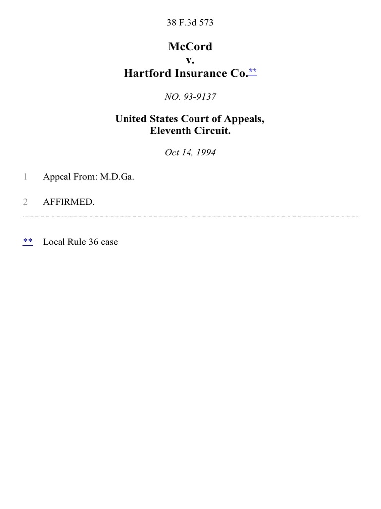 McCord v. Hartford Insurance Co., 38 F.3d 573, 11th Cir. (1994) PDF