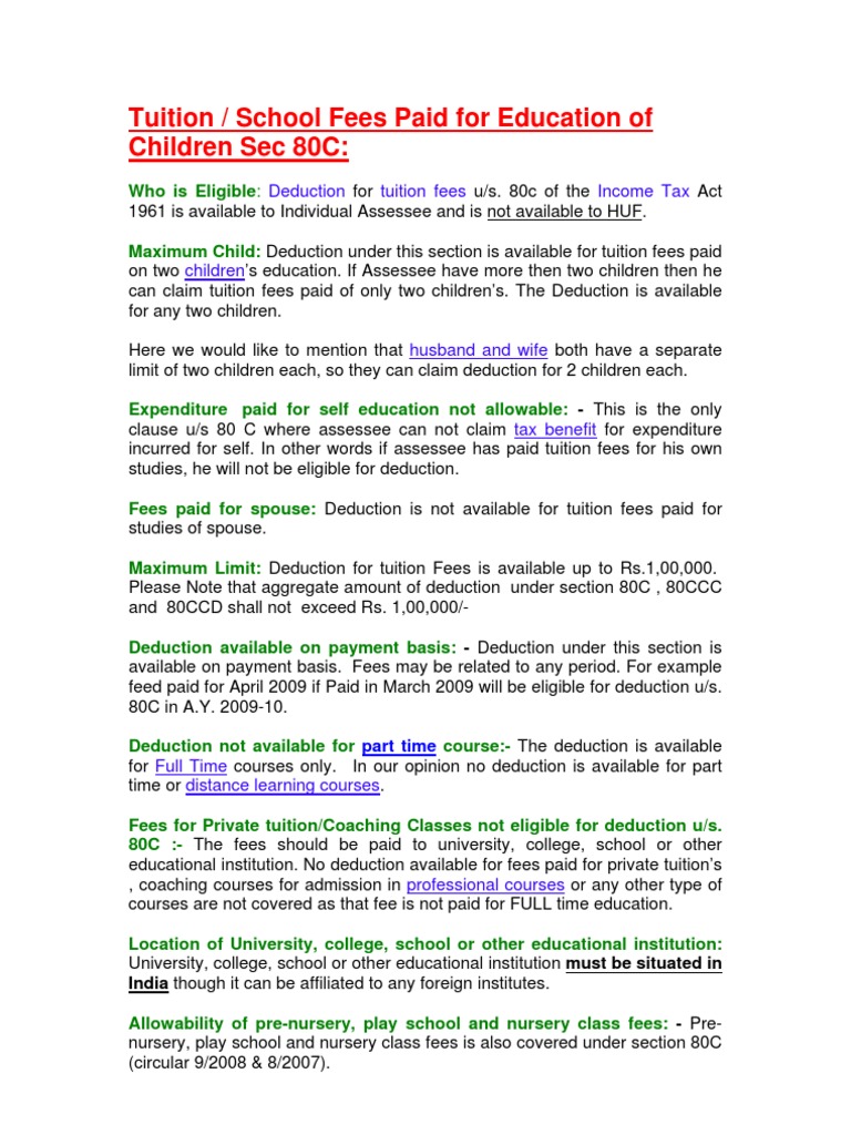 Tution Fees Sec 80c | PDF | Tax Deduction | Tuition Payments