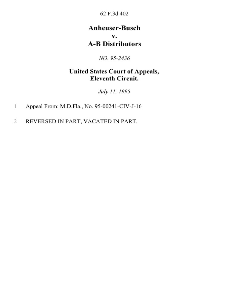 Anheuser Busch V A B Distributors 62 F 3d 402 11th Cir 1995 Pdf