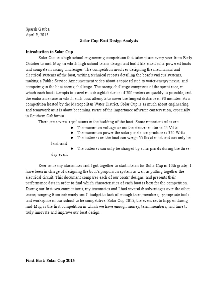 Solar Cup Boat Design Analysis Introduction To Solar Cup | PDF ...