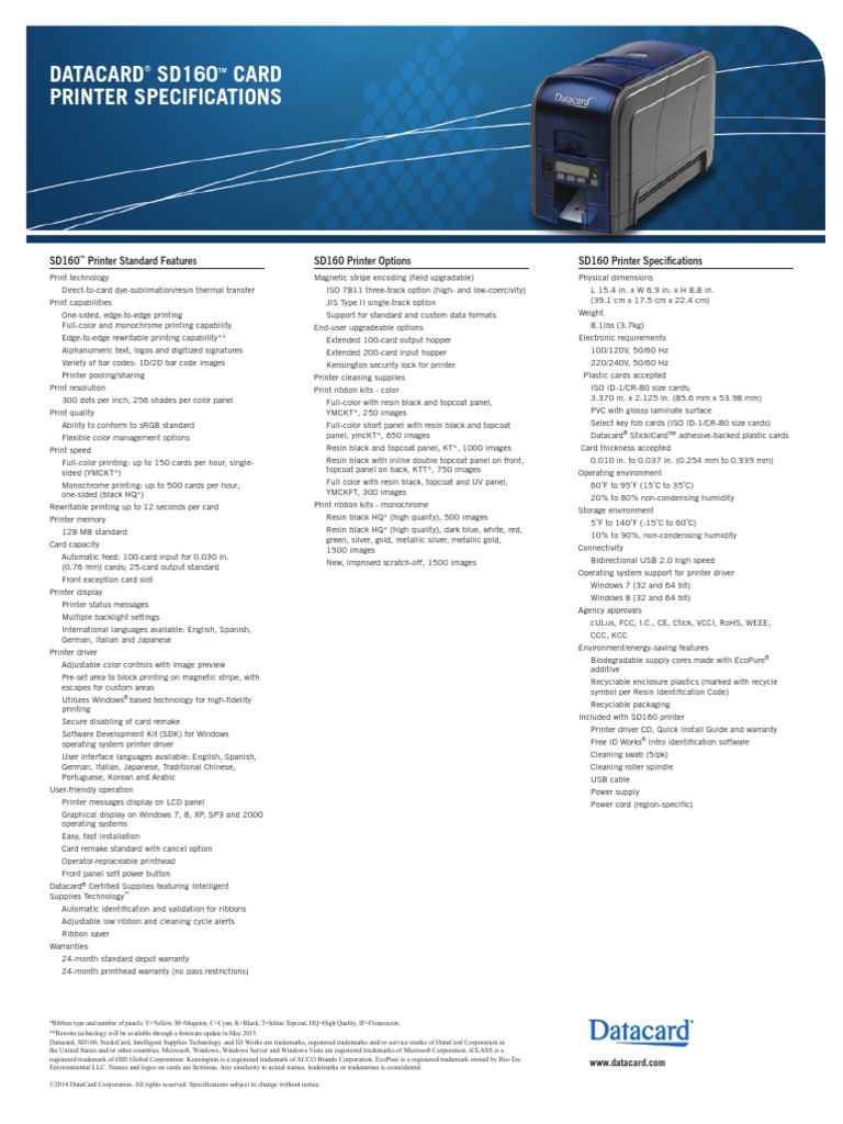 SD160 Specification Sheet | PDF | Printer (Computing) | Microsoft Windows