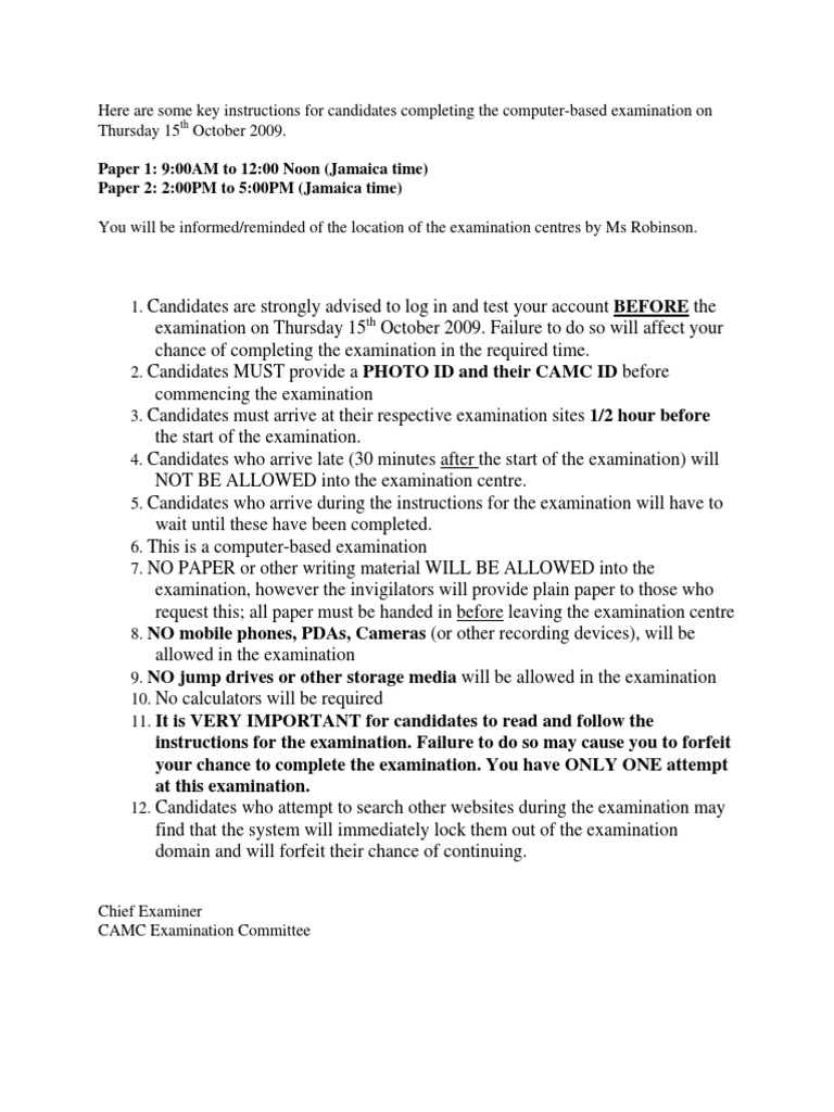 Instructions For Computer-Based Examination - October 2009 | PDF ...