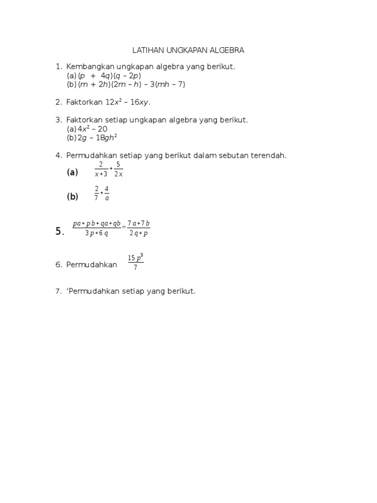 Latihan Ungkapan Algebra Tingkatan 1 | PDF | Metode & Bahan Ajar