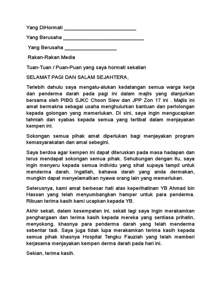 Ucapan Perasmian Kempen Derma Darah | PDF | Ilmu Sosial | Pengembangan Diri