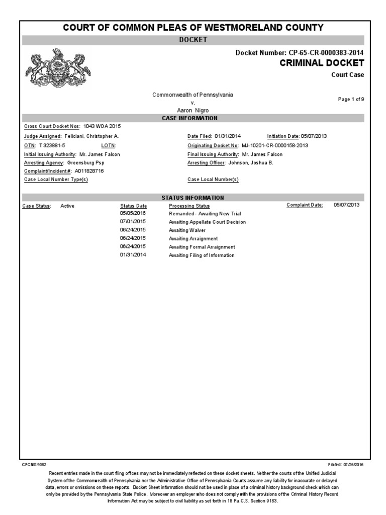 Aaron Nigro Westmoreland County  PDF  Continuance  Superior Court