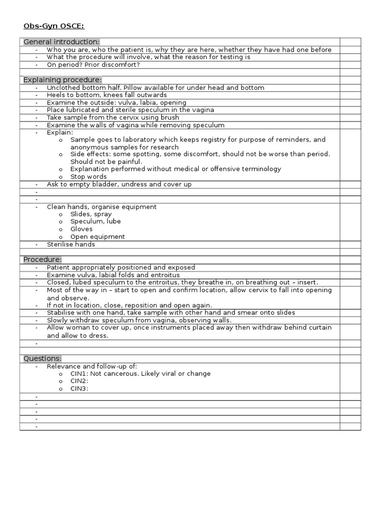 Ob-Gyn OSCE Pap Smear | PDF