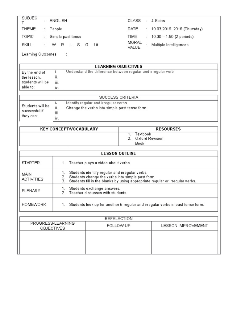 Simple Past Tense Lesson Plan for 4th Grade | PDF