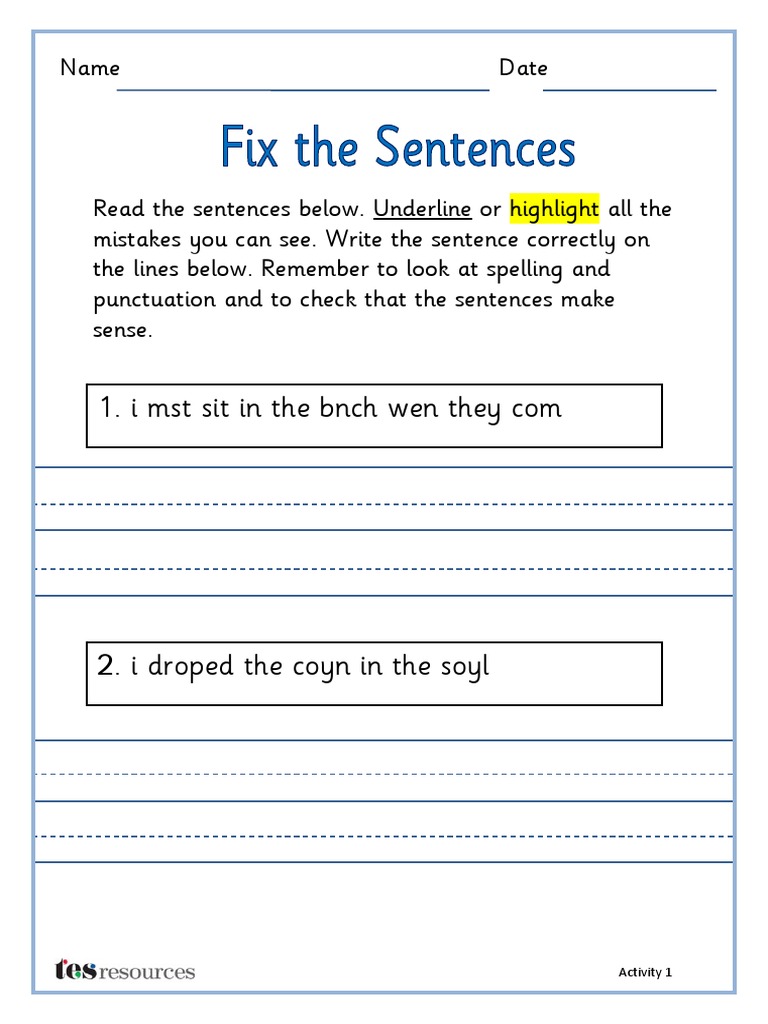 Fix the Sentences - Worksheets With Guidelines | Text | Writing