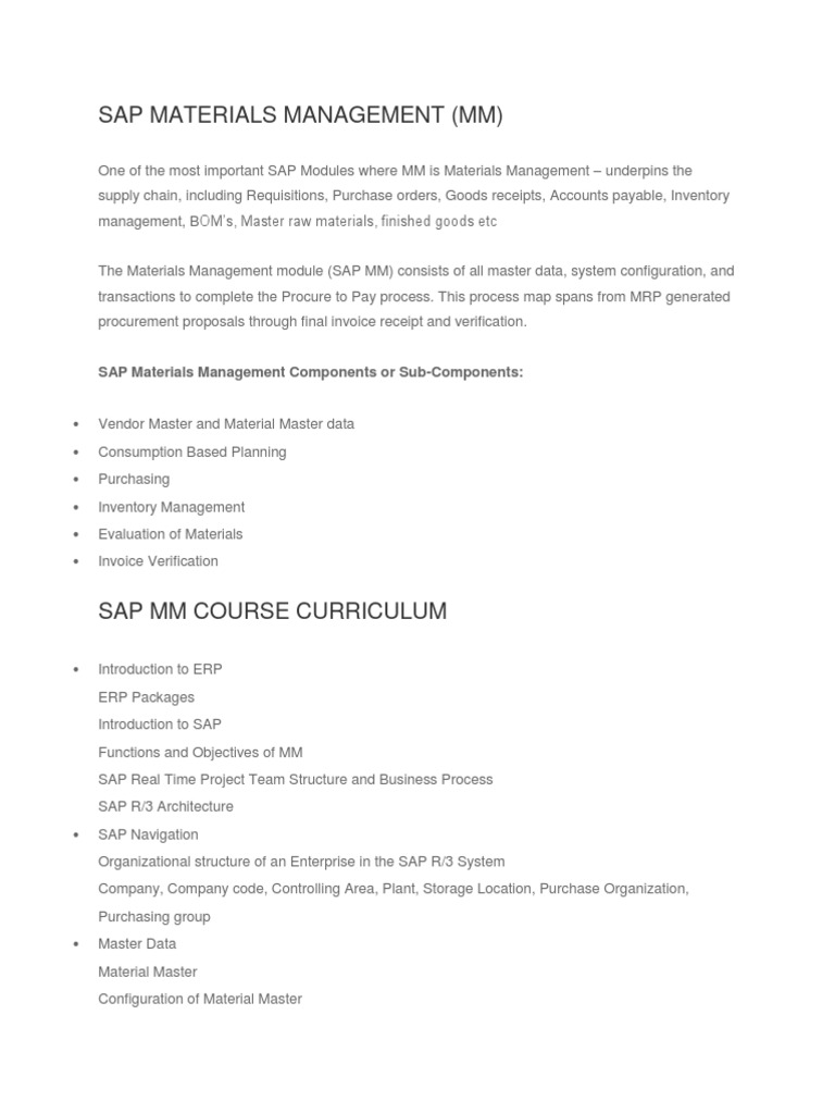 Sap Mm Overview Course Content Pdf Enterprise Resource Planning