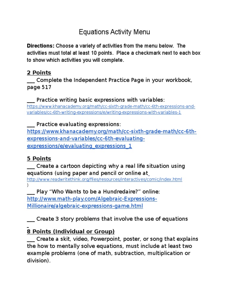 Equations Activity Menu for Students | PDF | Career & Growth