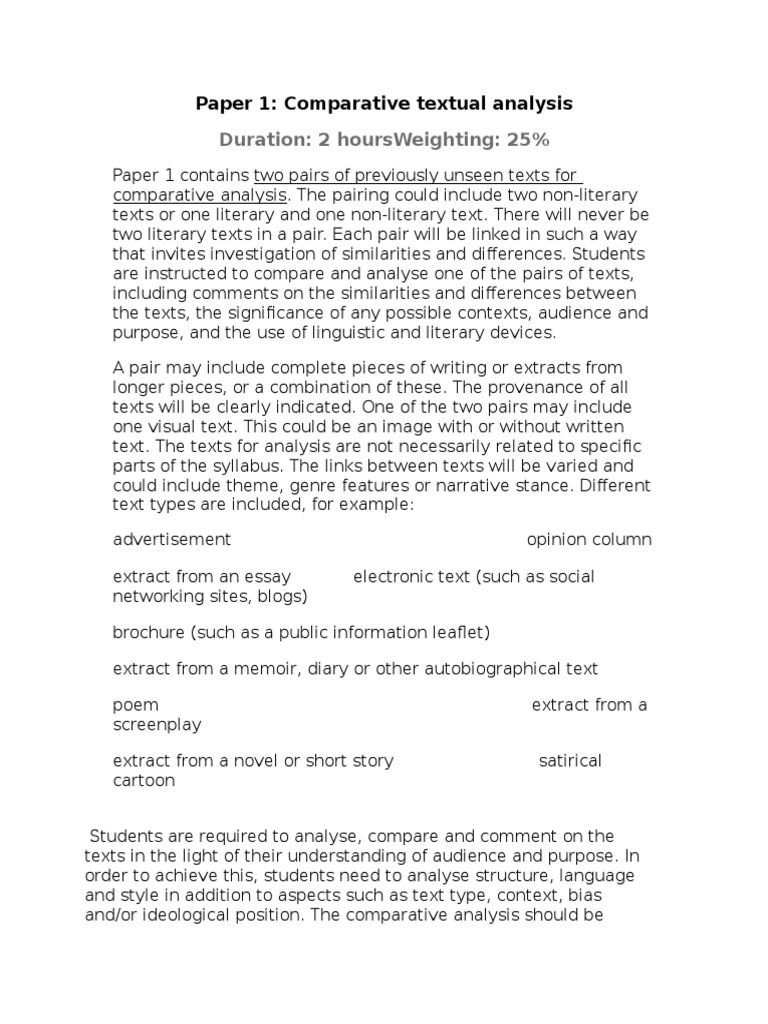 Paper 1: Comparative Textual Analysis: Duration: 2 Hoursweighting: 25% ...