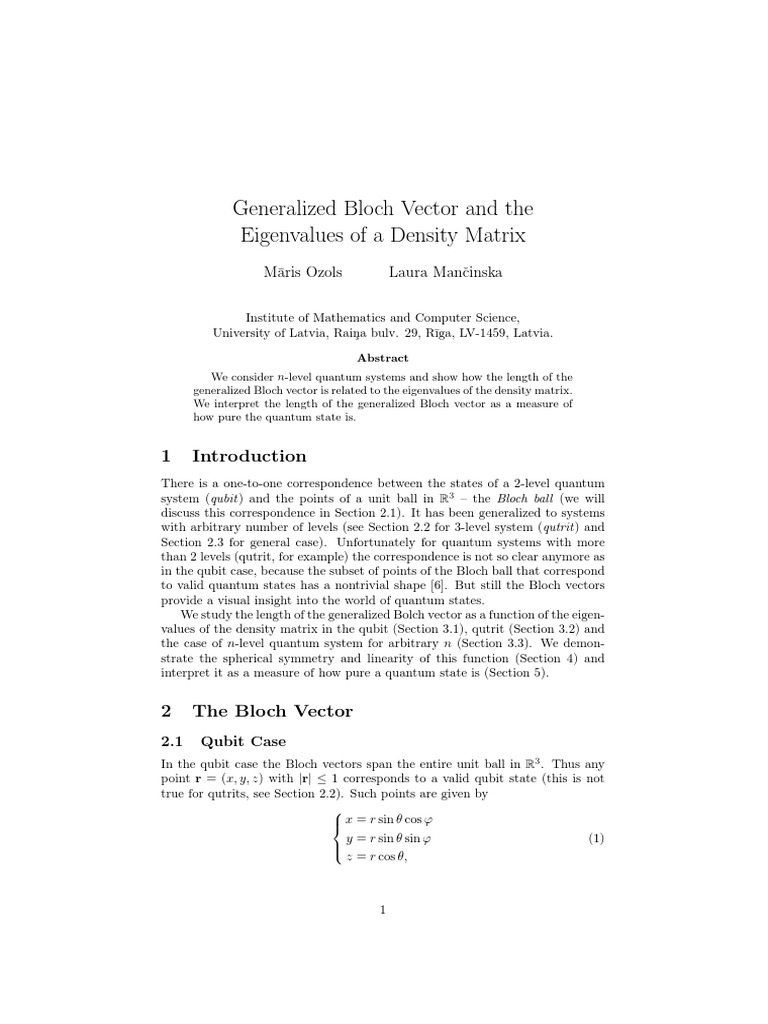 Generalized Bloch Vector Insights | PDF | Matrix (Mathematics ...