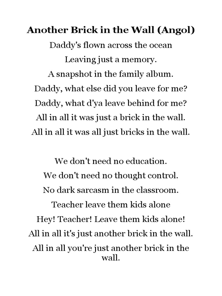 Pink Floyd Another Brick in the Wall (Dalszöveg Angolul És Magyarul)