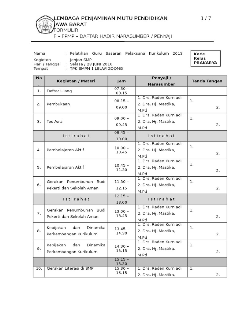 Form Daftar Hadir Narasumber Penyaji - TPK | PDF