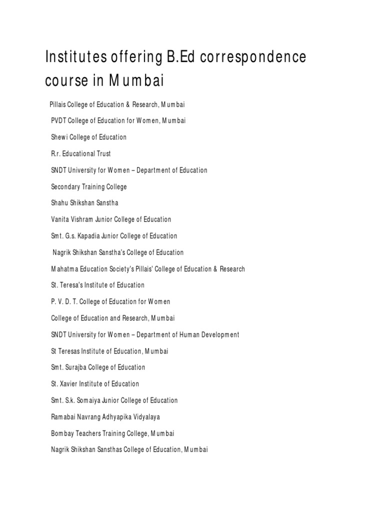 Institutes Offering B.Ed Correspondence Course in Mumbai PDF