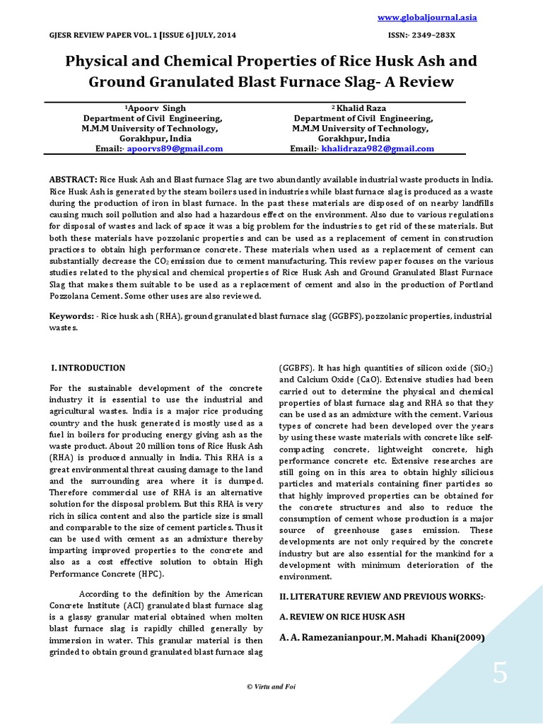 Physical and Chemical Properties of Rice Husk Ash and Ground Granulated ...