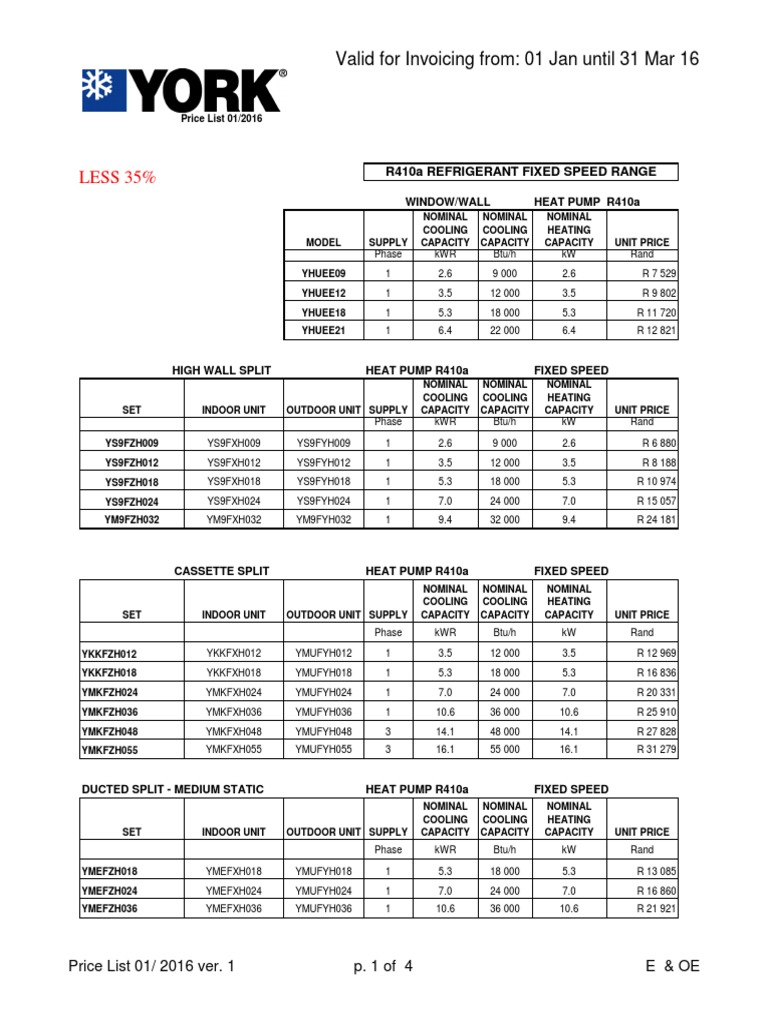 YORK Price List Heat Pump Hvac