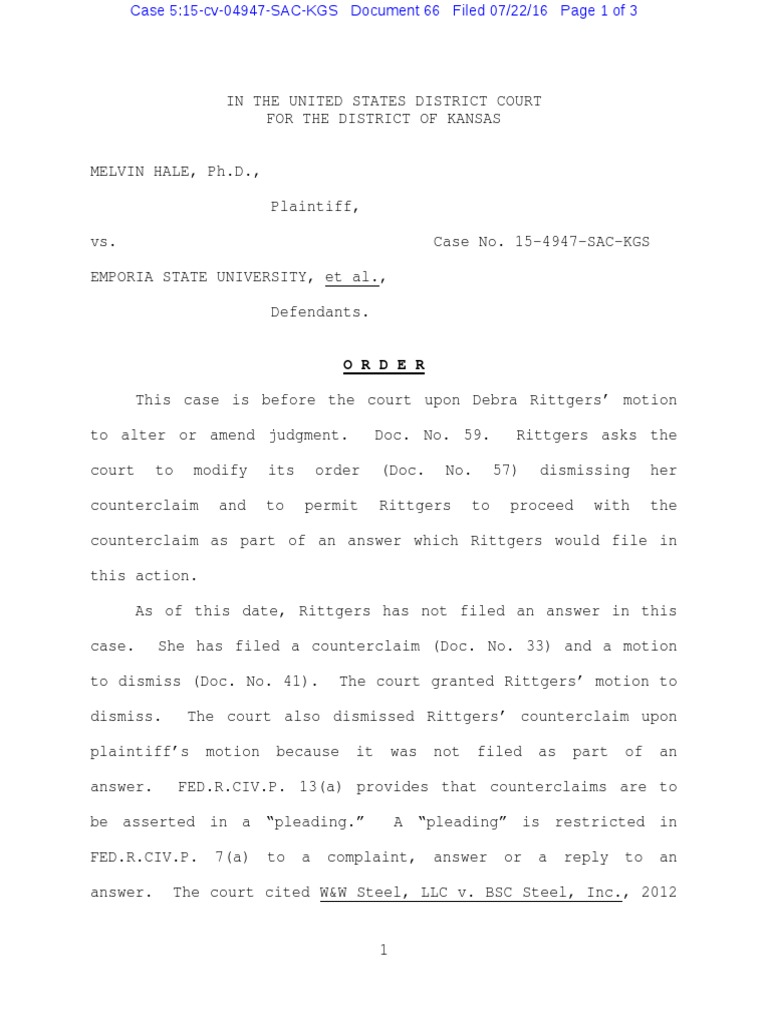 Order Denying Defendant Debra Rittgers' Motion To Alter or Amend Judgment (Hale Vs Emporia State