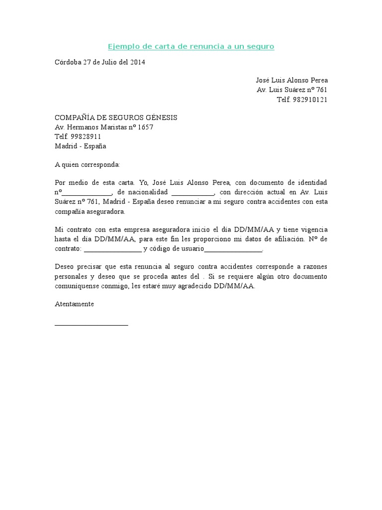 Ejemplo de Carta de Renuncia A Un Seguro  PDF