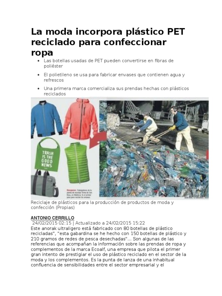 Investigacion Plástico PET Reciclado para Confeccionar Ropa | PDF | Algodón  | El plastico