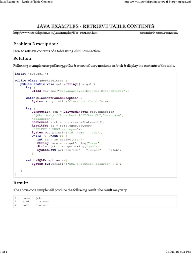 Problem Description:: How To Retrieve Contents of A Table Using JDBC ...