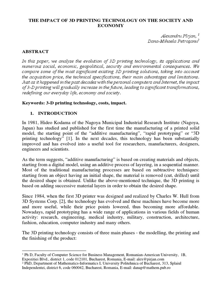 The Impact of 3D Printing Technology On The Society and Economy | PDF ...